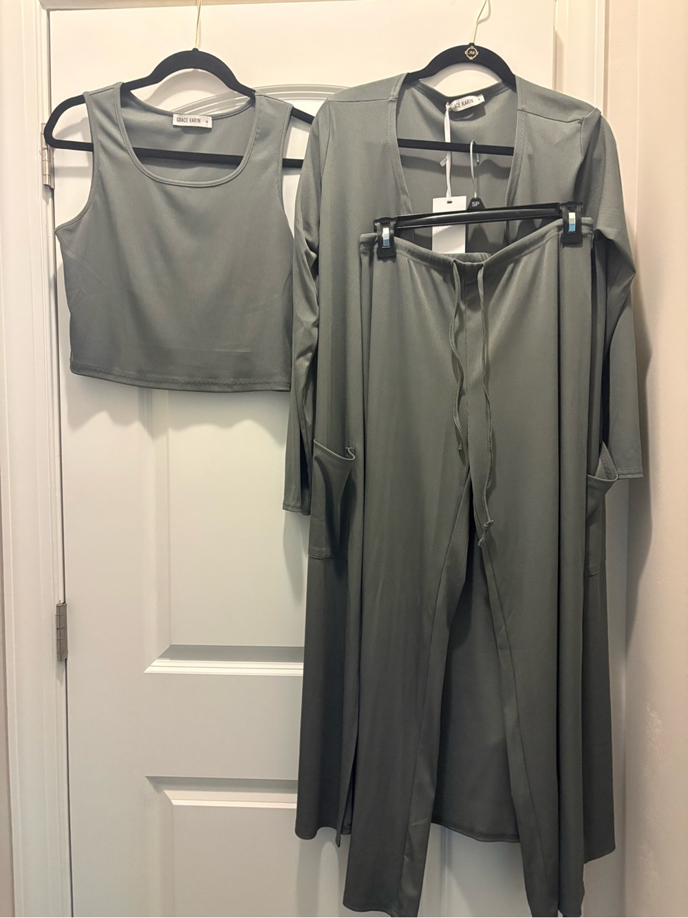 New Grace  Karin Three-Piece Sage Gray 4 piece Pants Set.